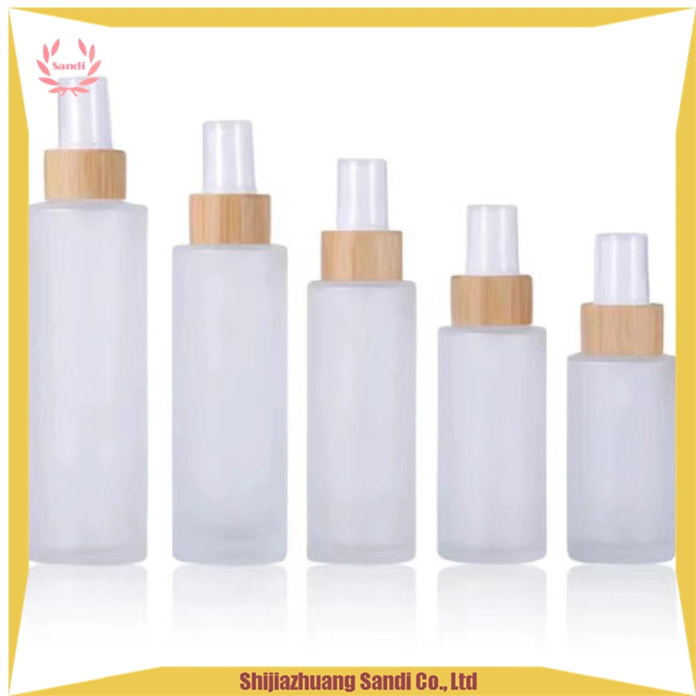 Skin Care Frosted Glass Lotion Perfume Shampoo Empty Bottle with Pump Bamboo Cap