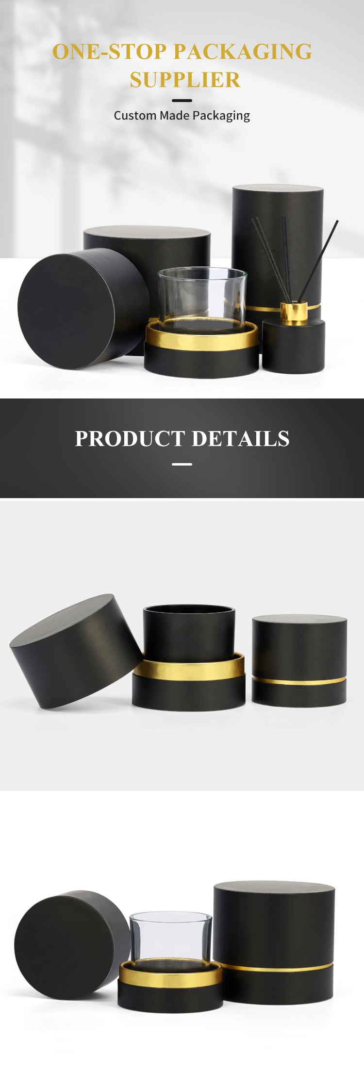 Firstsail Custom Round Candle Box Packaging Reed Diffuser Stick Jar Bottle Cosmetic Perfume Glass Black Paper Tube