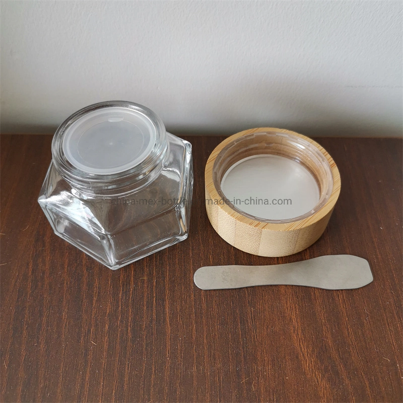 Hexagon Glass Lotion Bottle Skin Care Cream Cosmetic Glass Jar with Bamboo Lid