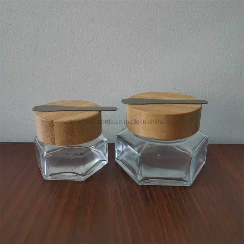 Hexagon Glass Lotion Bottle Skin Care Cream Cosmetic Glass Jar with Bamboo Lid