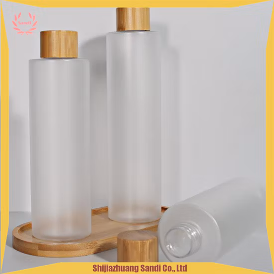 Skin Care Frosted Glass Lotion Perfume Shampoo Empty Bottle with Pump Bamboo Cap